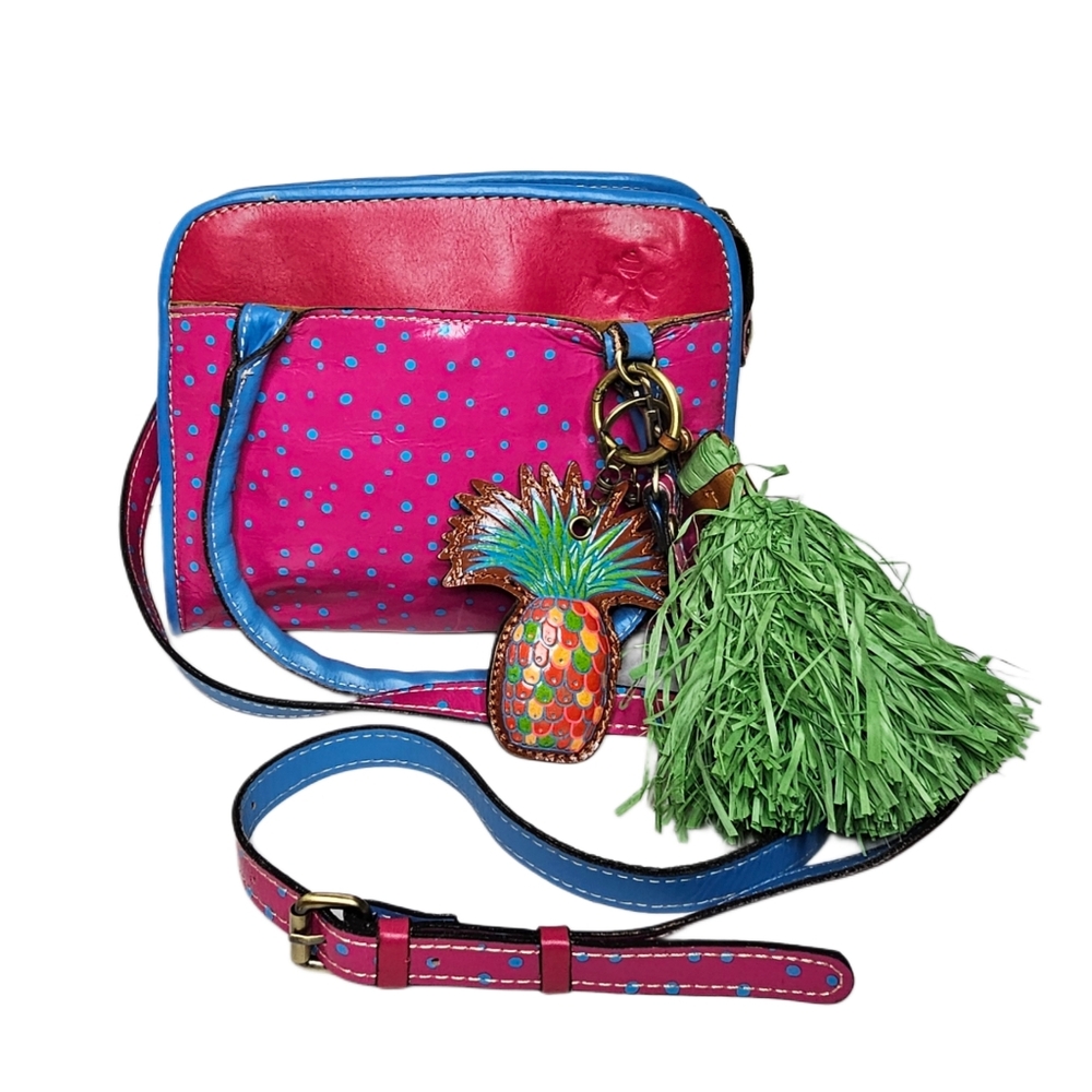 Patricia Nash Satchel Tote Leather Pink Polka Dot Handbag Pineapple Green Tassel
